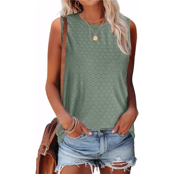 Women's Eyelet Lace Tank Top – Breathable Summer Sleeveless Shirt - Picture 2 of 7